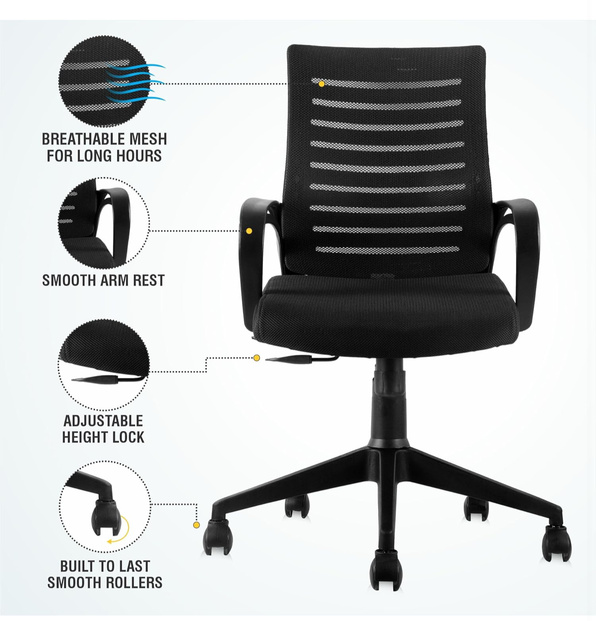 Sitsmart mid back Office Chair for Work from Home/Study ChairAdjustable Revolving Chair with Tilt Lock [Heavy Duty Nylon Base, Black]